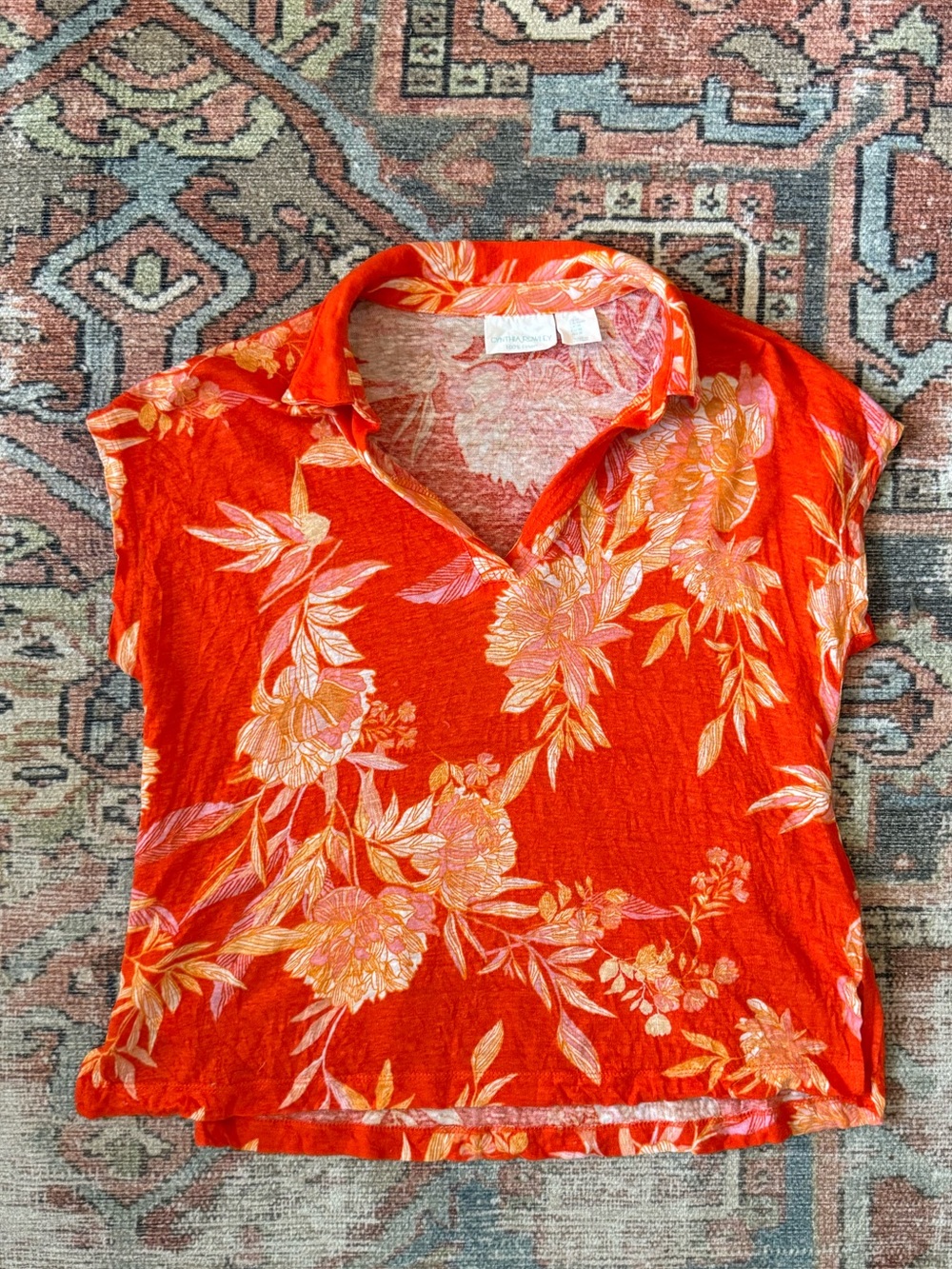 Cynthia Rowley Orange Floral Collared Linen Top